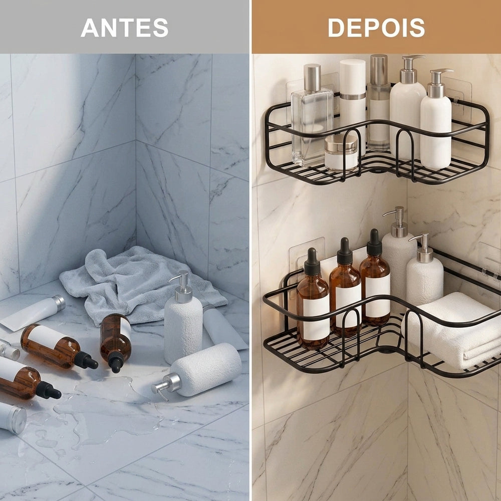 Antes e depois do box organizado com Rack Clean